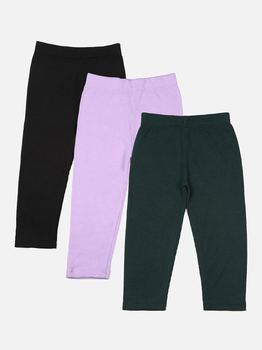 

YK Kids Girls Pack Of 3 Assorted Ribbed Cotton Leggings, Black