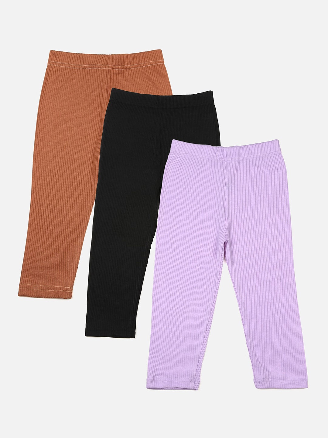 

YK Girls Pack Of 3 Assorted Ribbed Cotton Leggings, Brown
