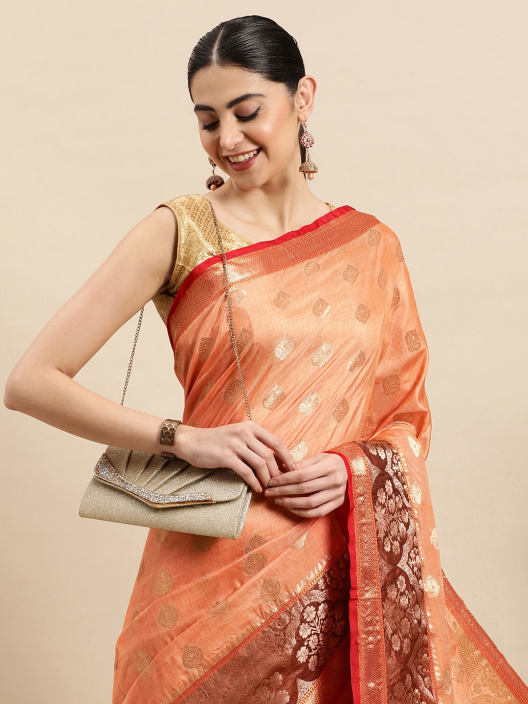 

SANGAM PRINTS Ethnic Motifs Zari Silk Blend Saree, Peach
