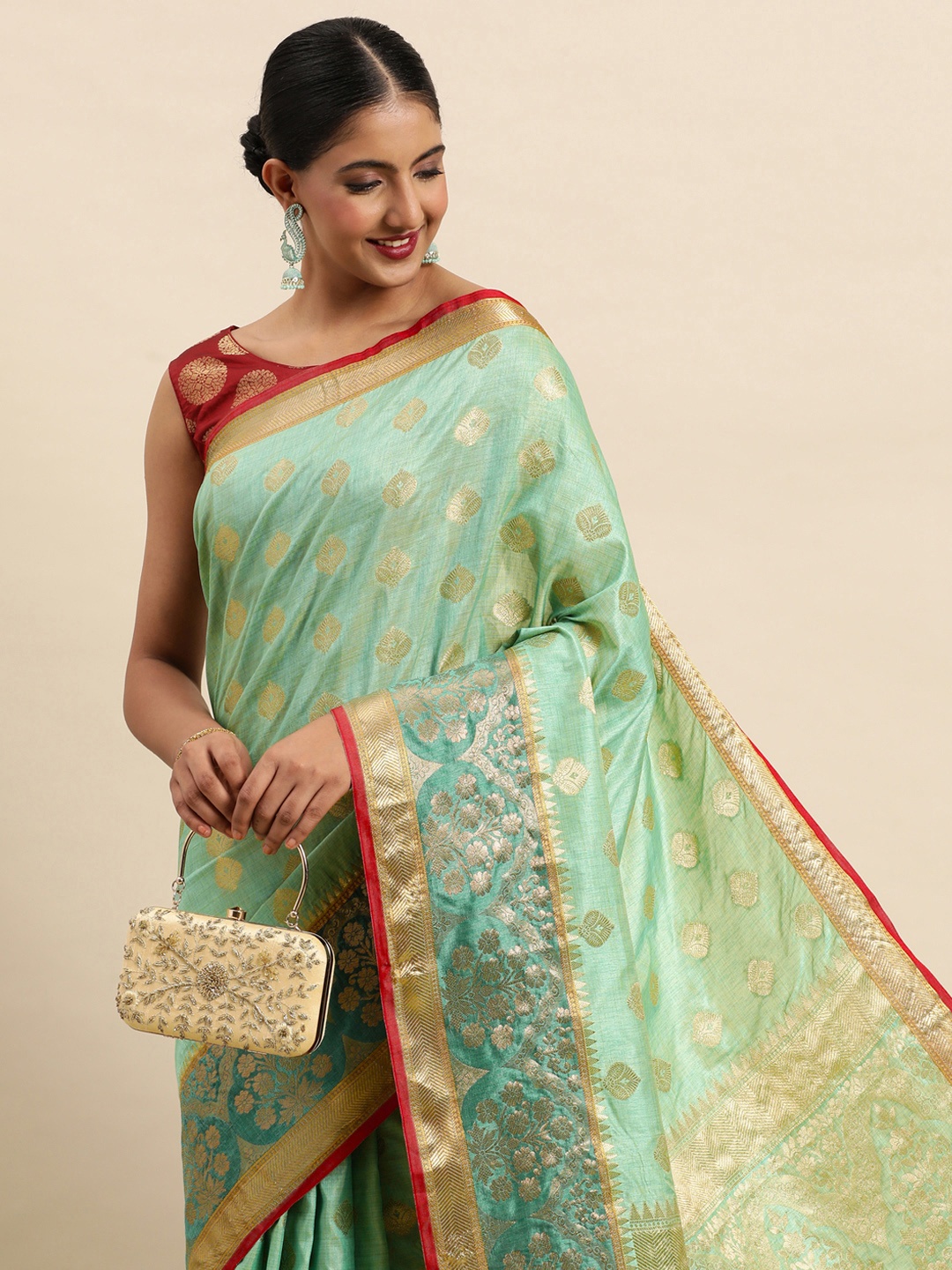 

SANGAM PRINTS Ethnic Motifs Silk Blend Saree, Sea green