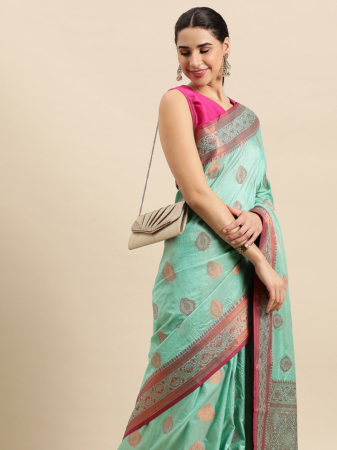 

SANGAM PRINTS Ethnic Motifs Silk Blend Saree, Sea green