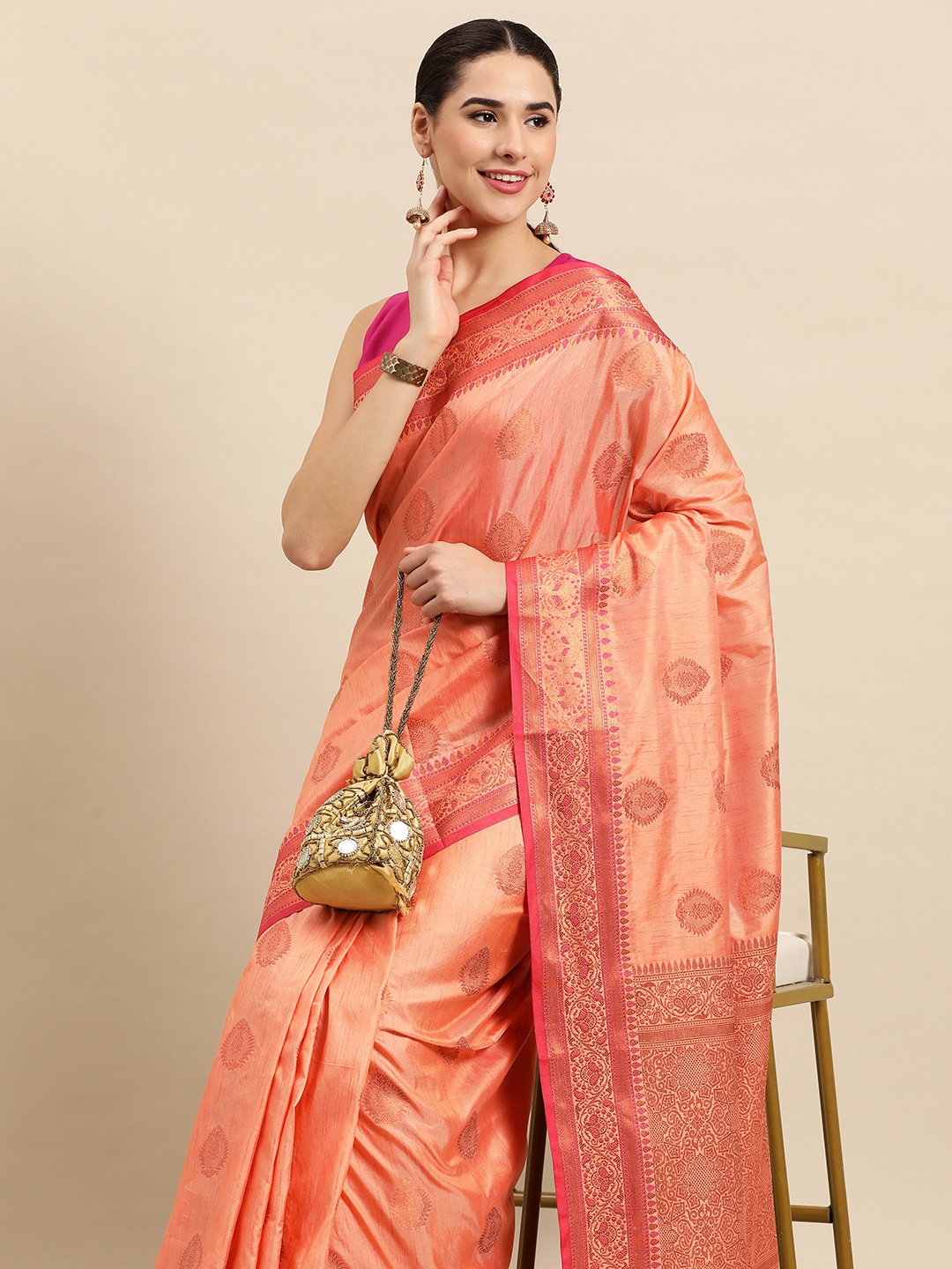 

SANGAM PRINTS Ethnic Motifs Woven Design Silk Blend Saree, Peach