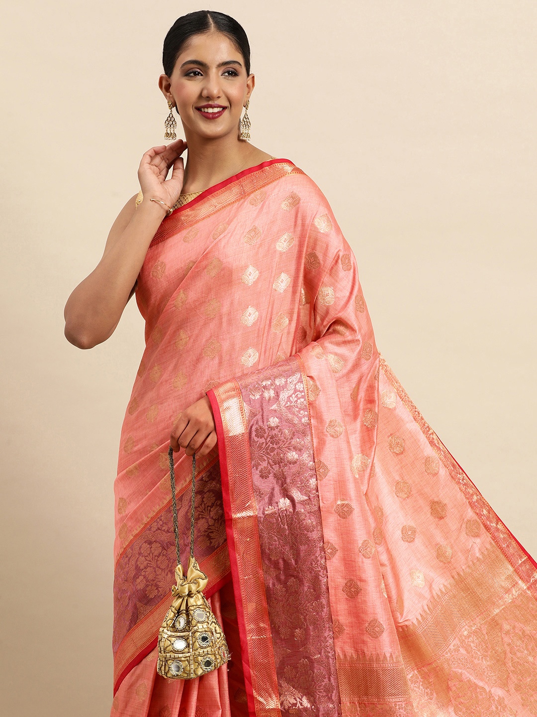

SANGAM PRINTS Ethnic Motifs Silk Blend Saree, Peach