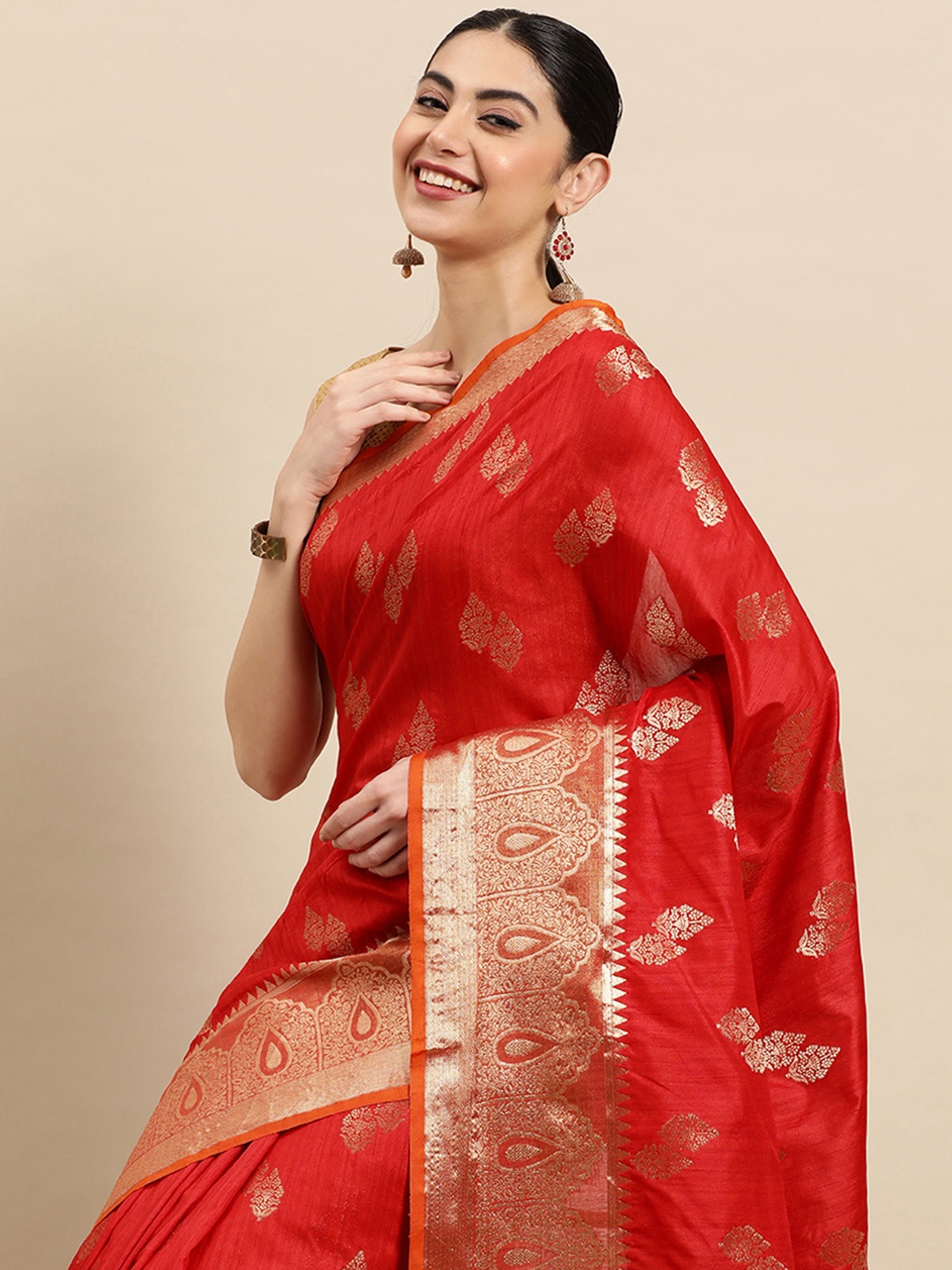 

SANGAM PRINTS Ethnic Motifs Zari Pure Silk Saree, Red