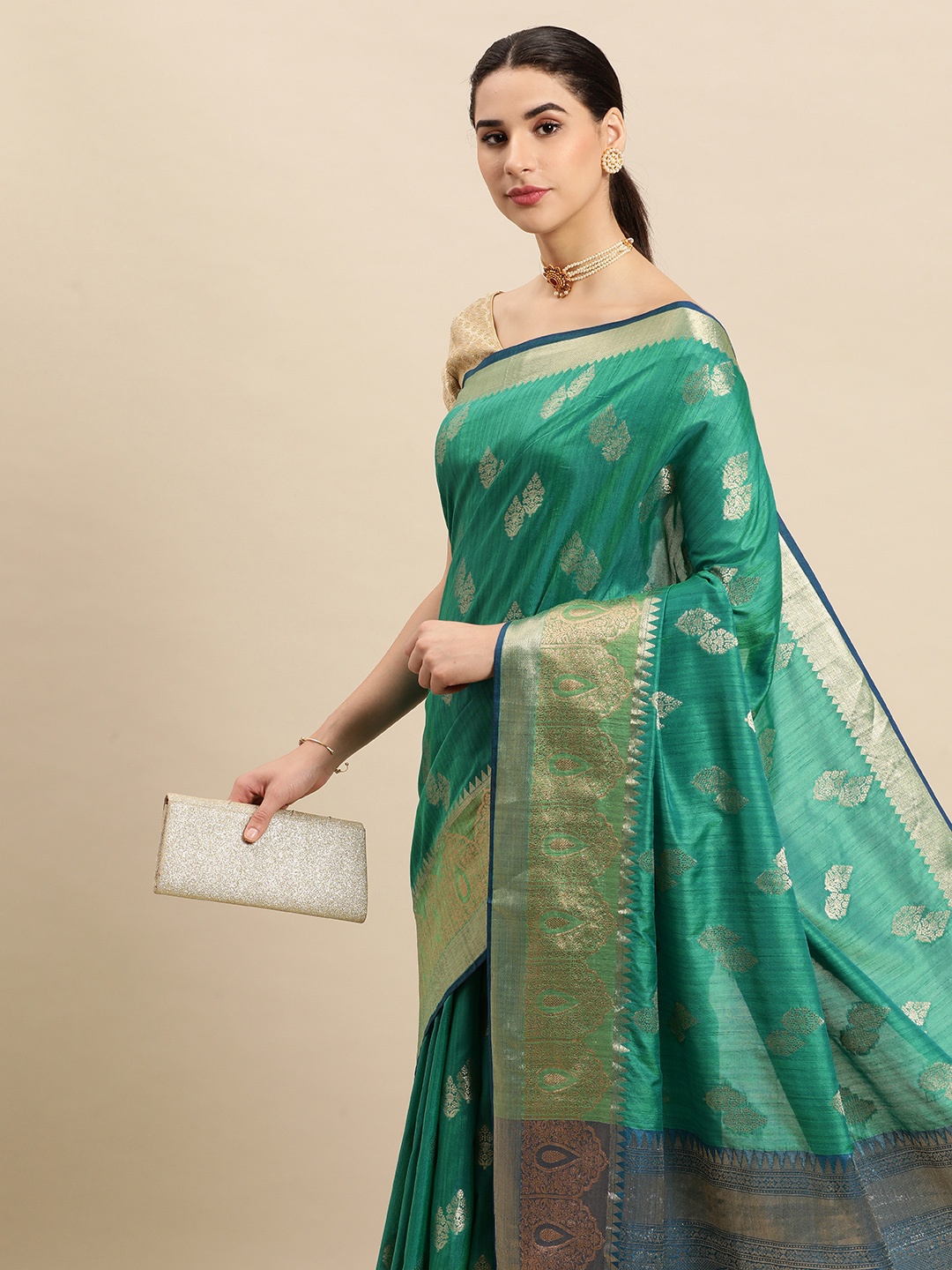 

SANGAM PRINTS Ethnic Motifs Woven Design Pure Silk Saree, Sea green