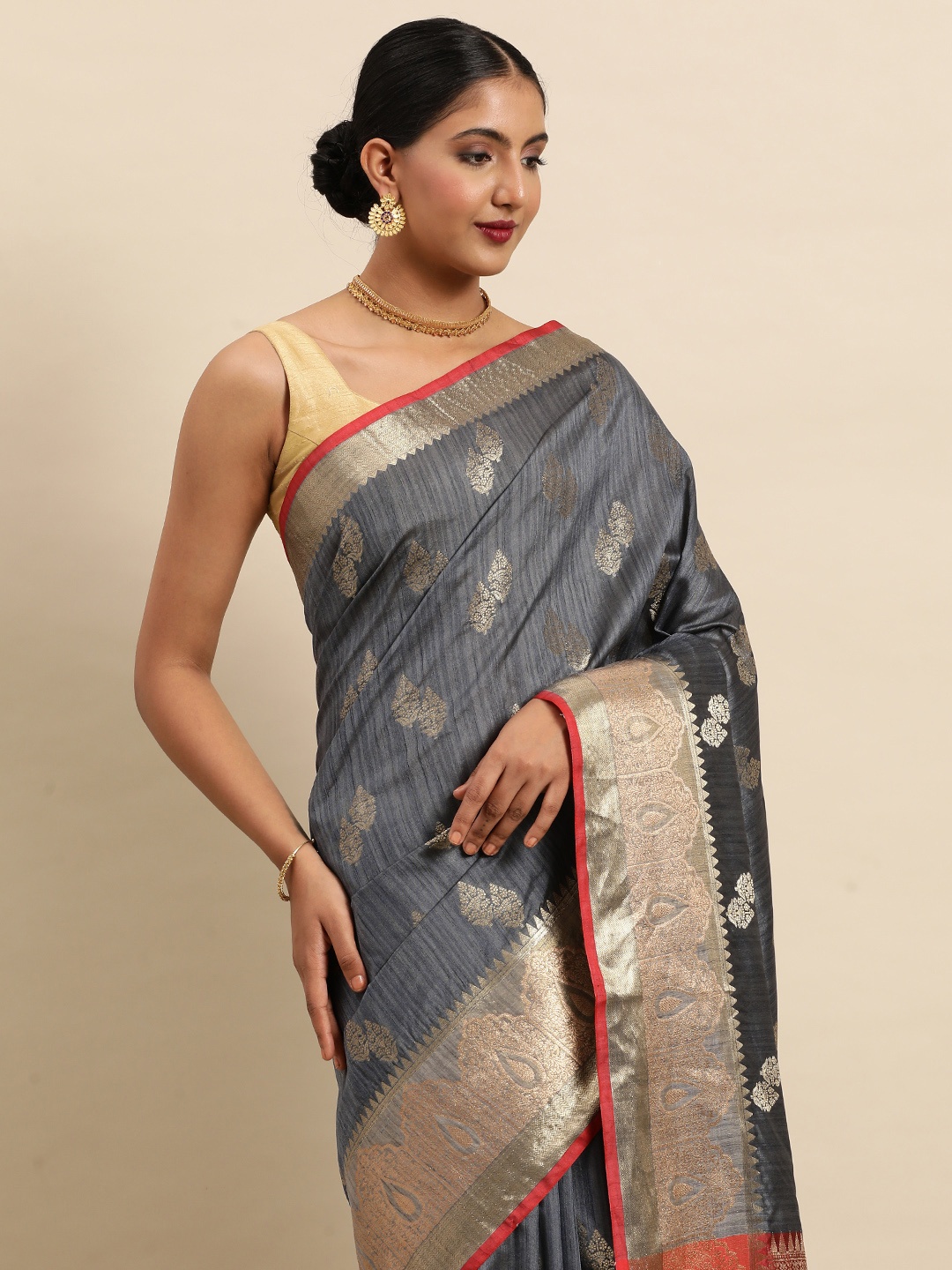

SANGAM PRINTS Grey & Gold-Toned Ethnic Motifs Woven Design Pure Silk Saree