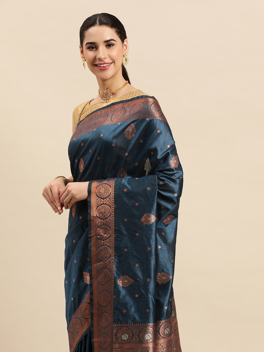 

SANGAM PRINTS Ethnic Motifs Pure Silk Saree, Navy blue