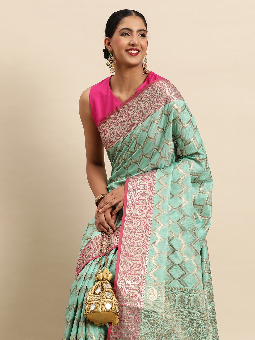 

SANGAM PRINTS Sea Green & Pink Geometric Woven Design Silk Blend Saree