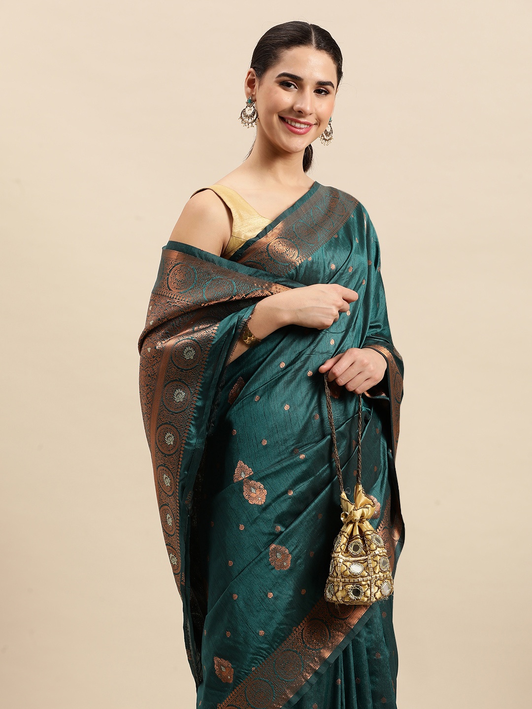 

SANGAM PRINTS Ethnic Motifs Pure Silk Saree, Green