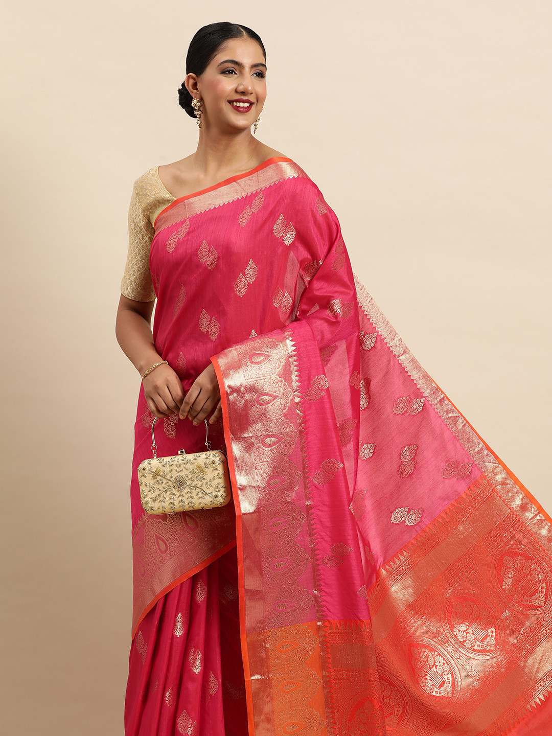 

SANGAM PRINTS Ethnic Motifs Pure Silk Saree, Pink