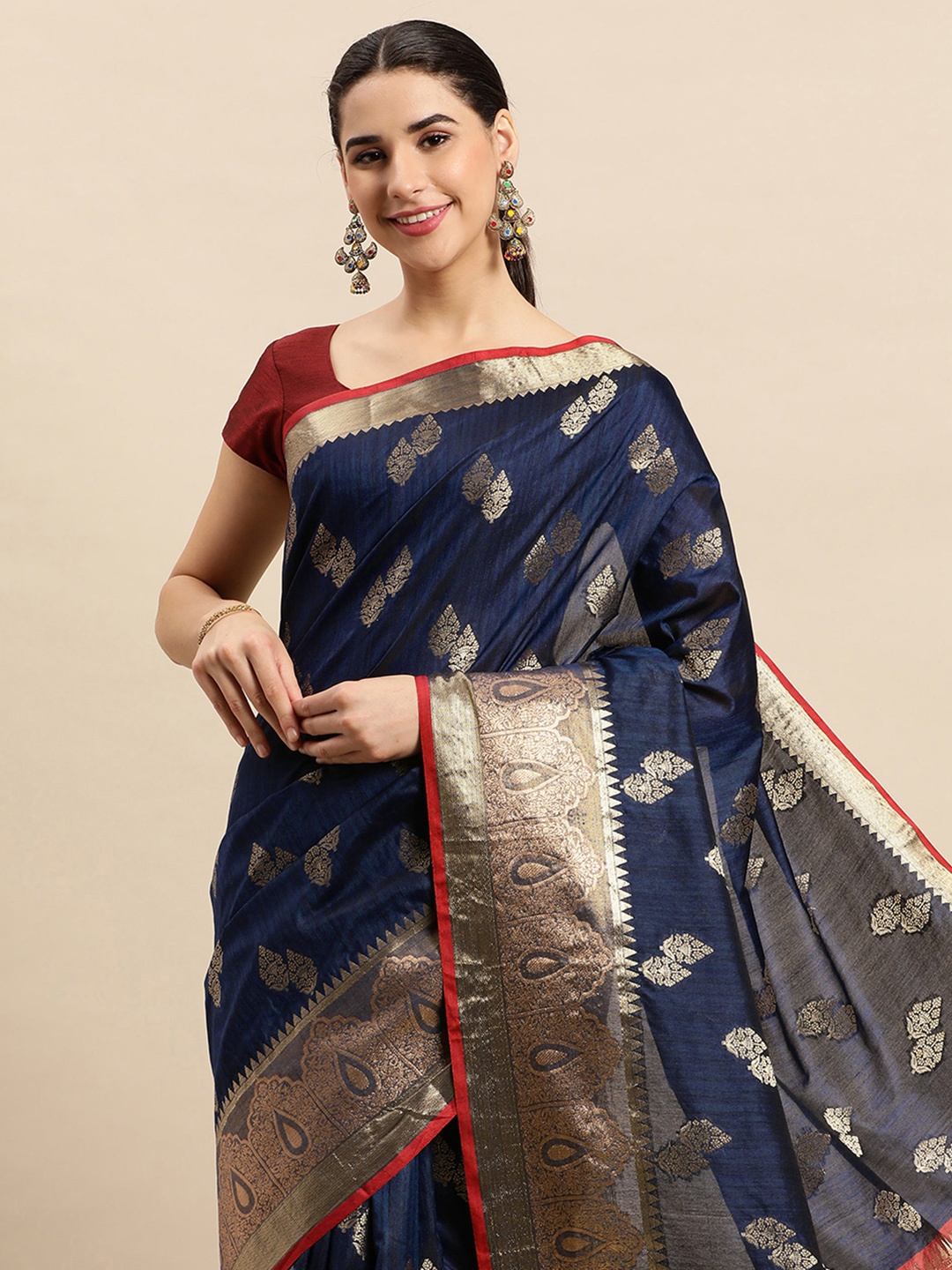 

SANGAM PRINTS Ethnic Motifs Zari Pure Silk Saree, Navy blue