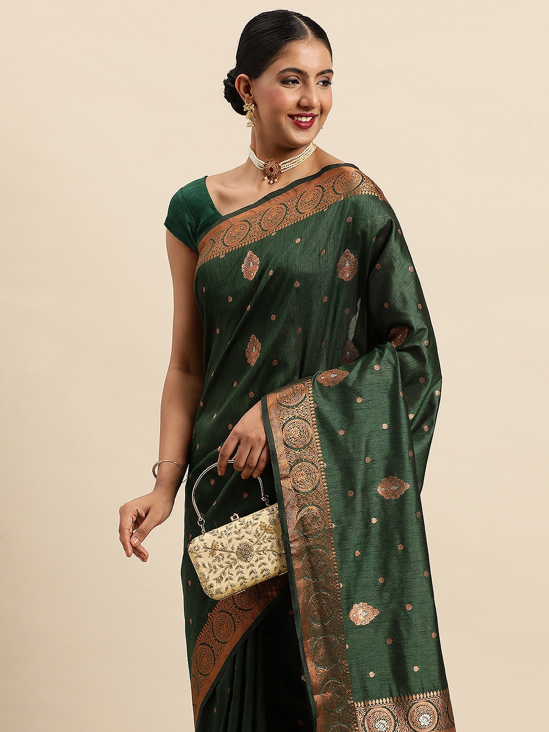 

SANGAM PRINTS Ethnic Motifs Woven Beads and Stones Pure Silk Saree, Green