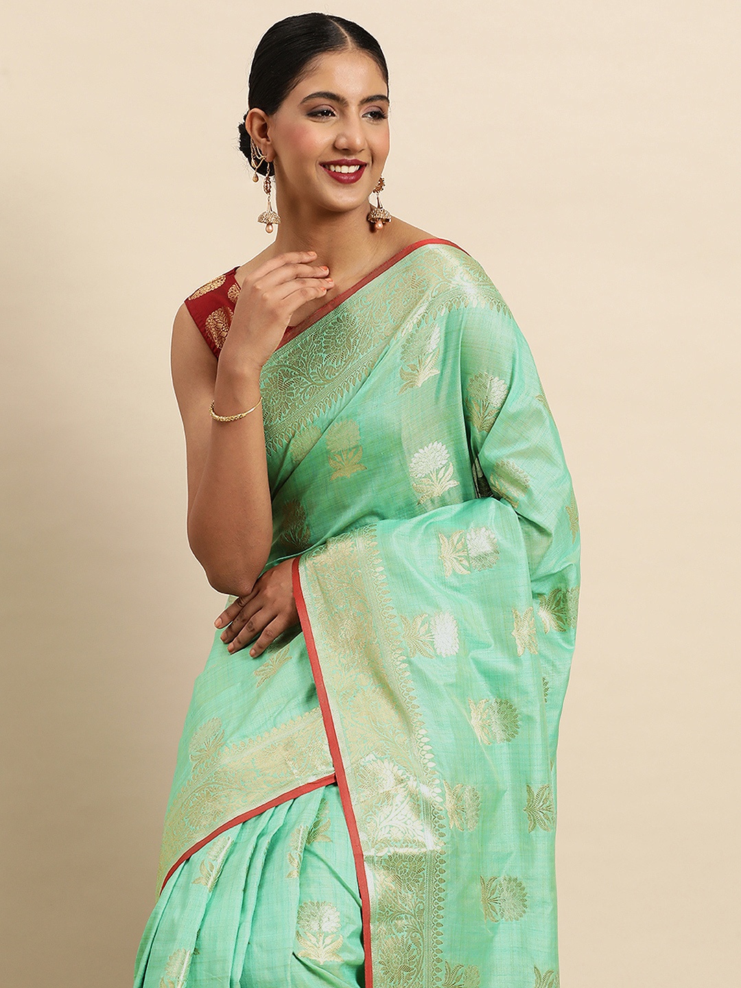 

SANGAM PRINTS Ethnic Motifs Silk Blend Saree, Sea green