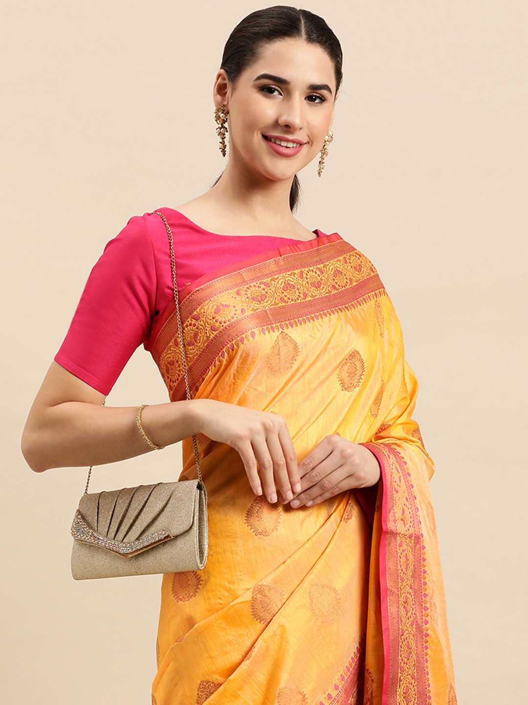 

SANGAM PRINTS Ethnic Motifs Zari Silk Blend Saree, Yellow