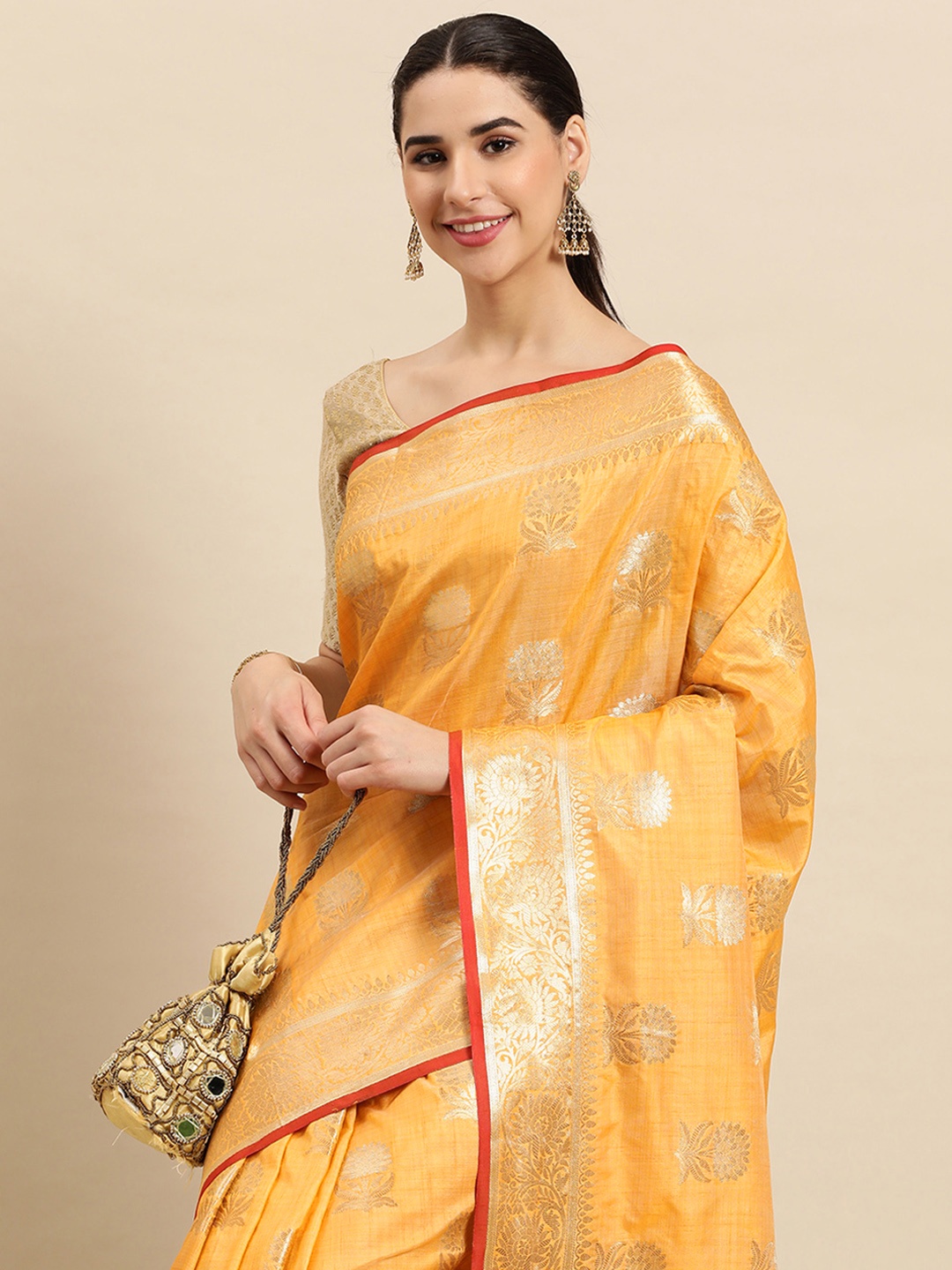 

SANGAM PRINTS Ethnic Motifs Zari Silk Blend Saree, Yellow