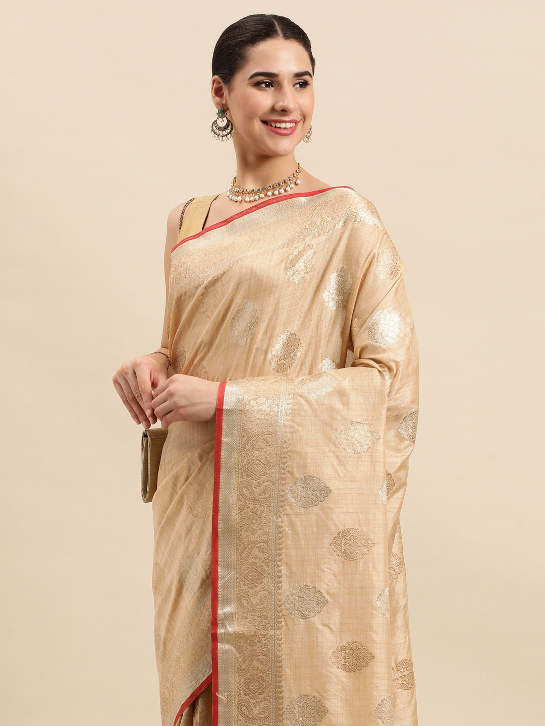 

SANGAM PRINTS Ethnic Motifs Silk Blend Saree, Cream
