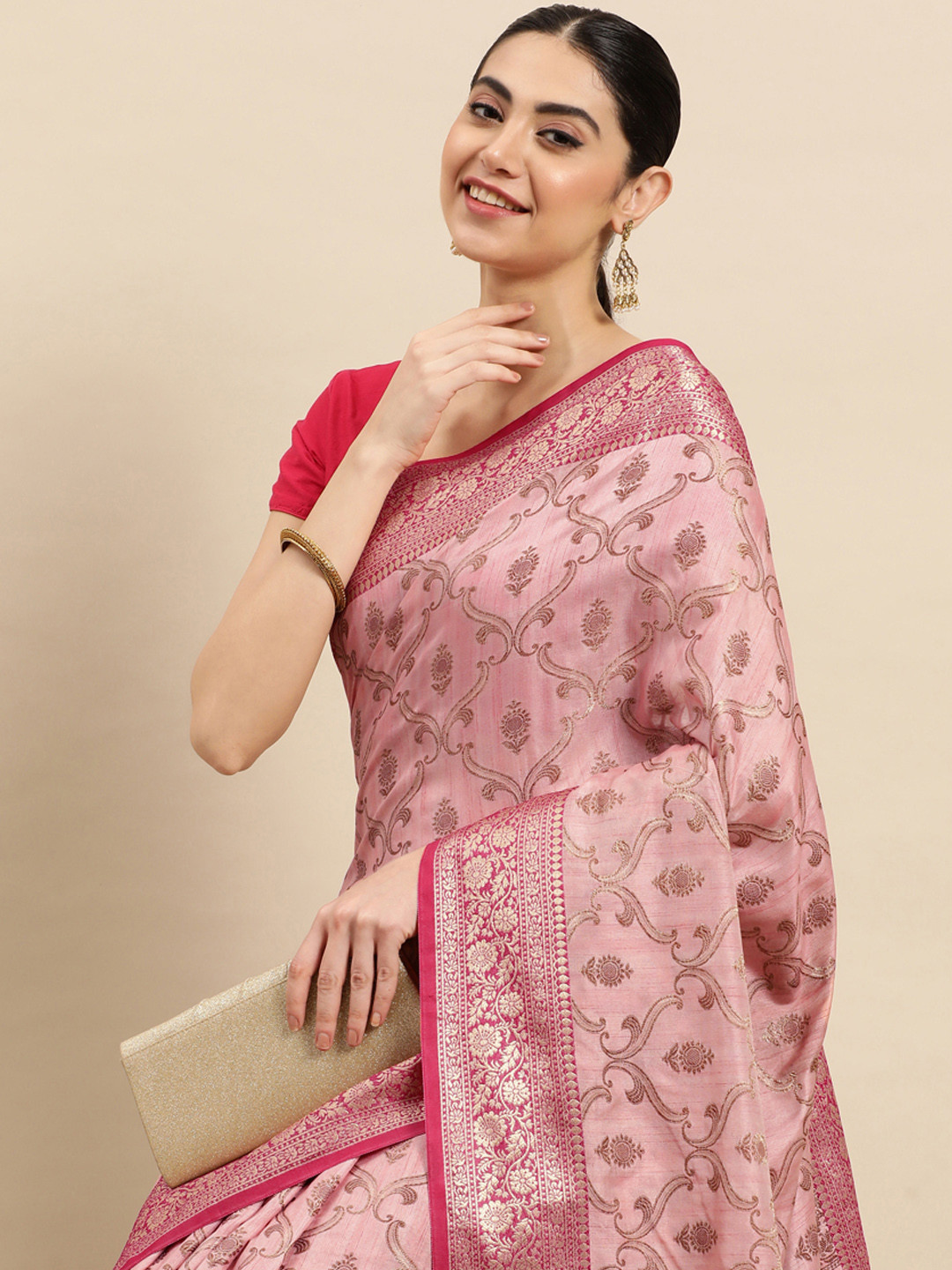 

SANGAM PRINTS Floral Zari Silk Blend Saree, Beige