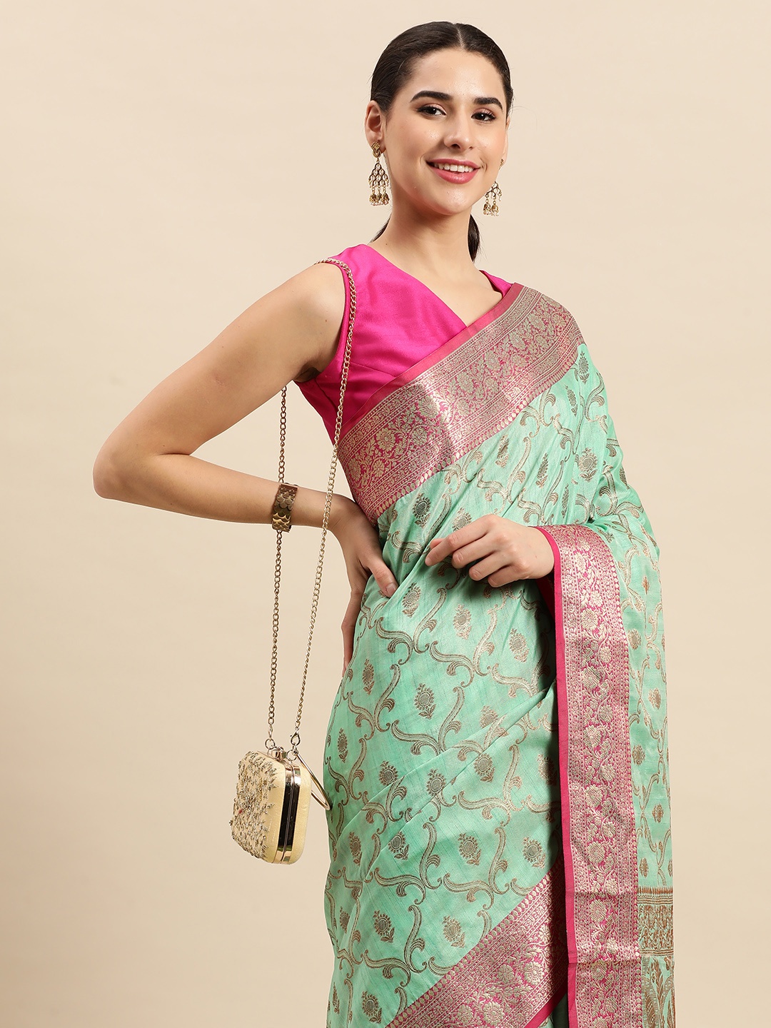 

SANGAM PRINTS Ethnic Motifs Silk Blend Saree, Sea green