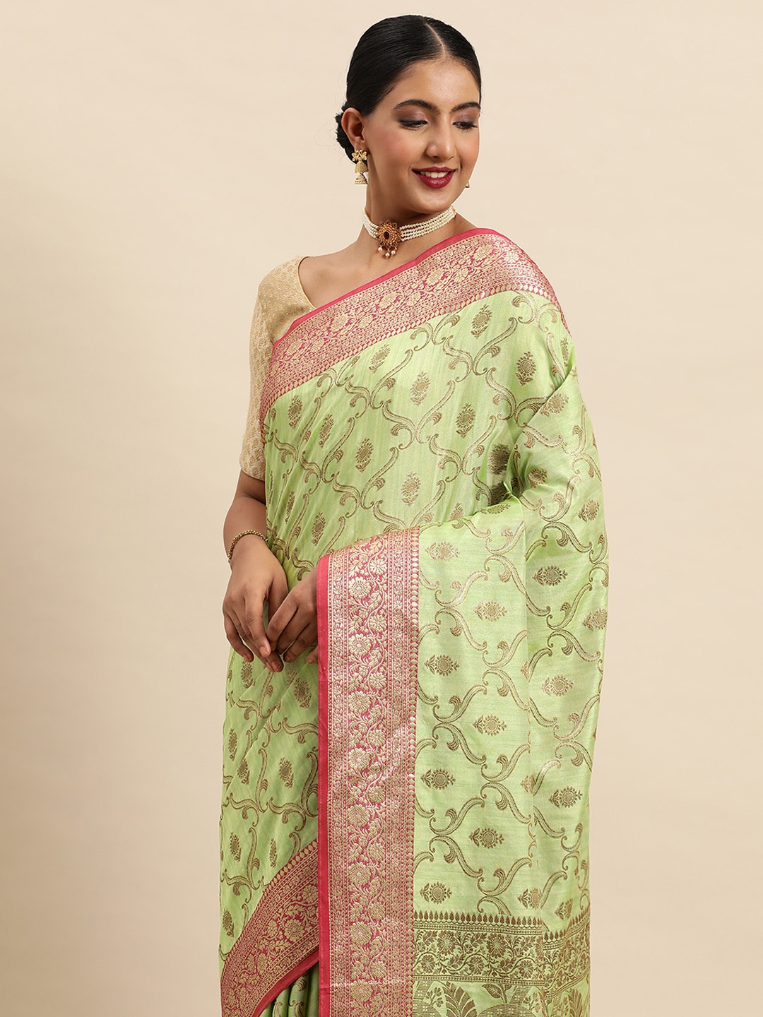 

SANGAM PRINTS Green & Pink Ethnic Motifs Woven Design Silk Blend Saree