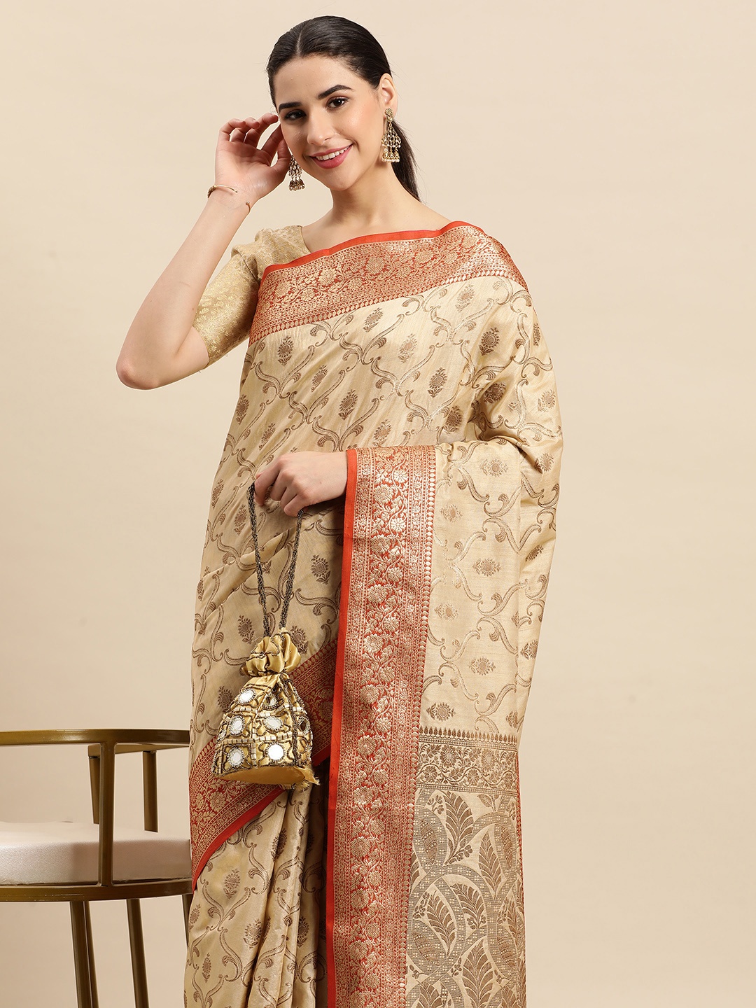 

SANGAM PRINTS Ethnic Motifs Woven Design Silk Blend Saree, Cream