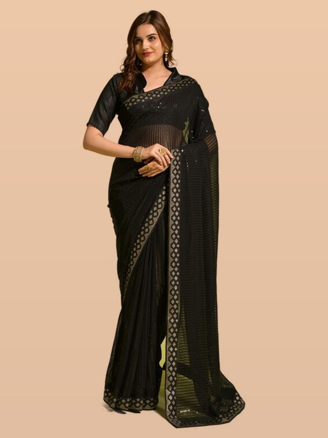 

KALINI Black & Olive Green Embellished Sequinned Pure Georgette Saree
