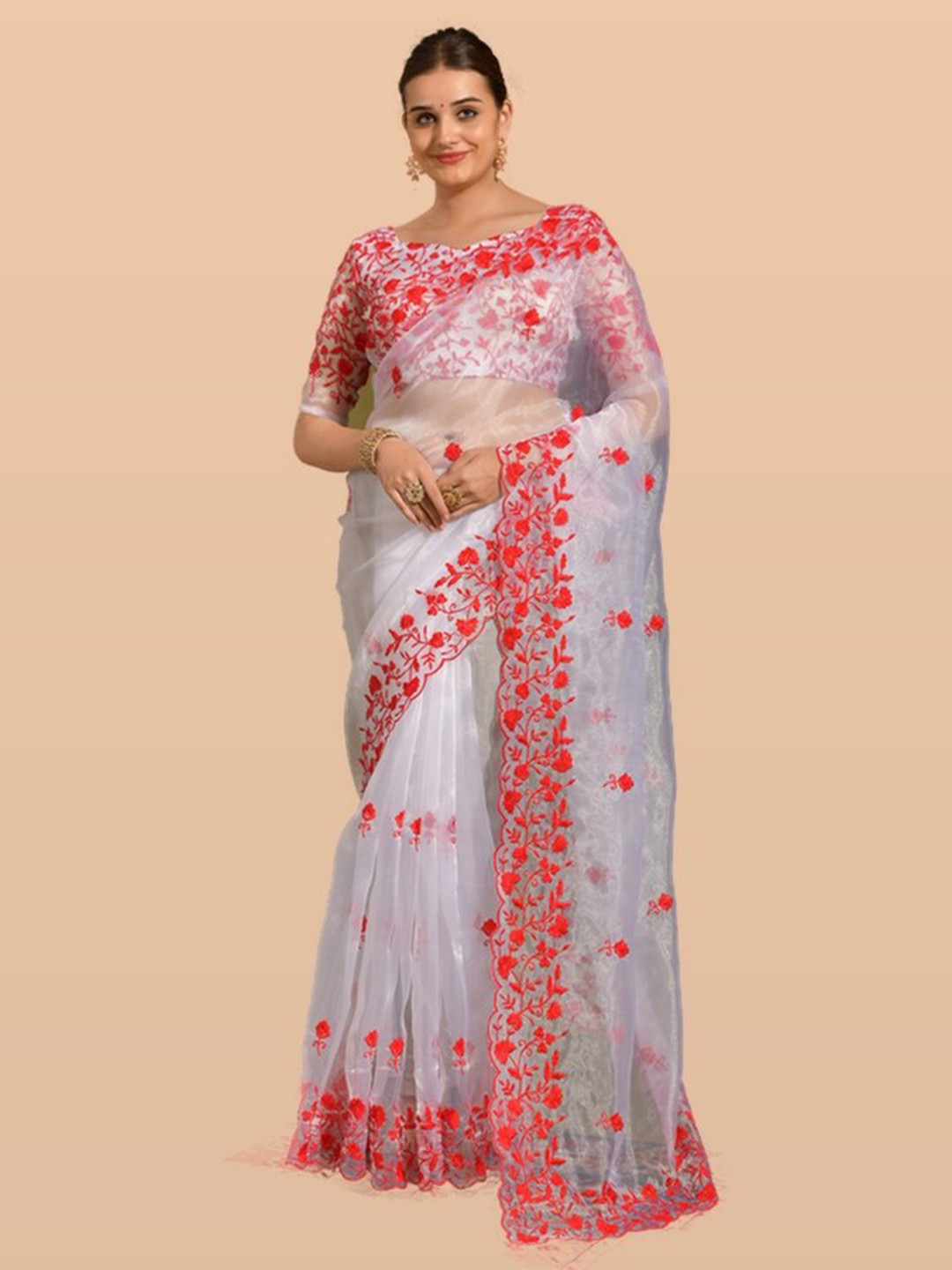 

KALINI White & Red Floral Embroidered Organza Saree