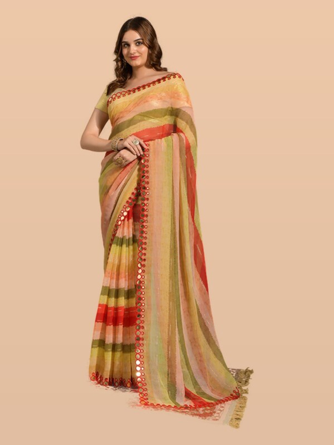 

KALINI Yellow & Peach-Coloured Striped Pure Chiffon Leheriya Saree