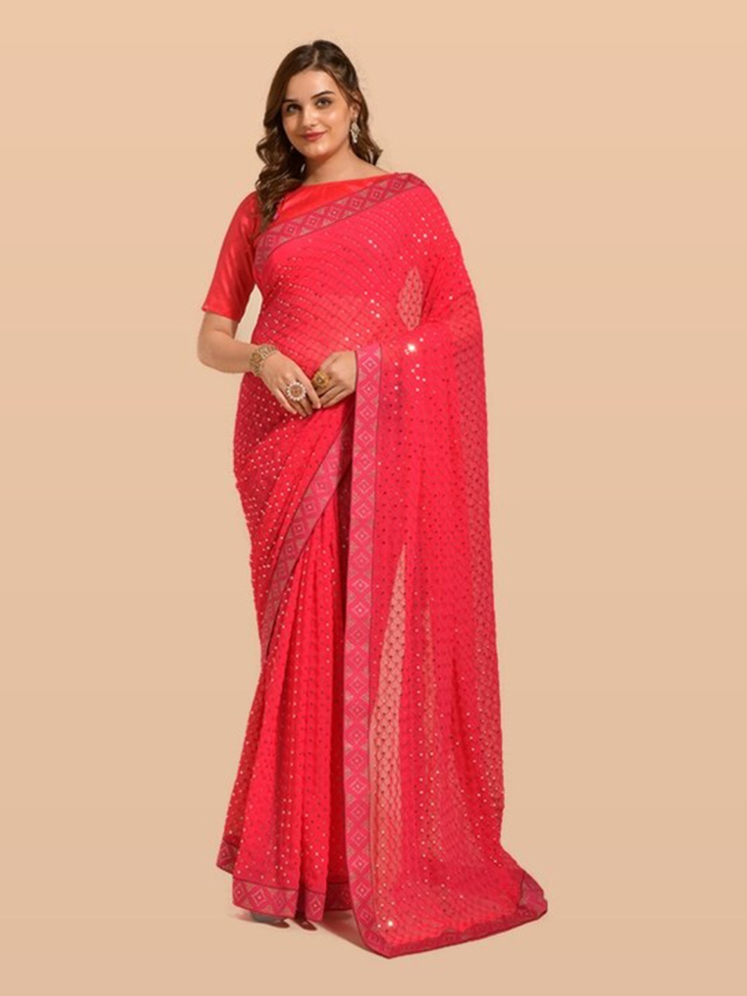 

KALINI Red Embellished Sequinned Pure Georgette Saree