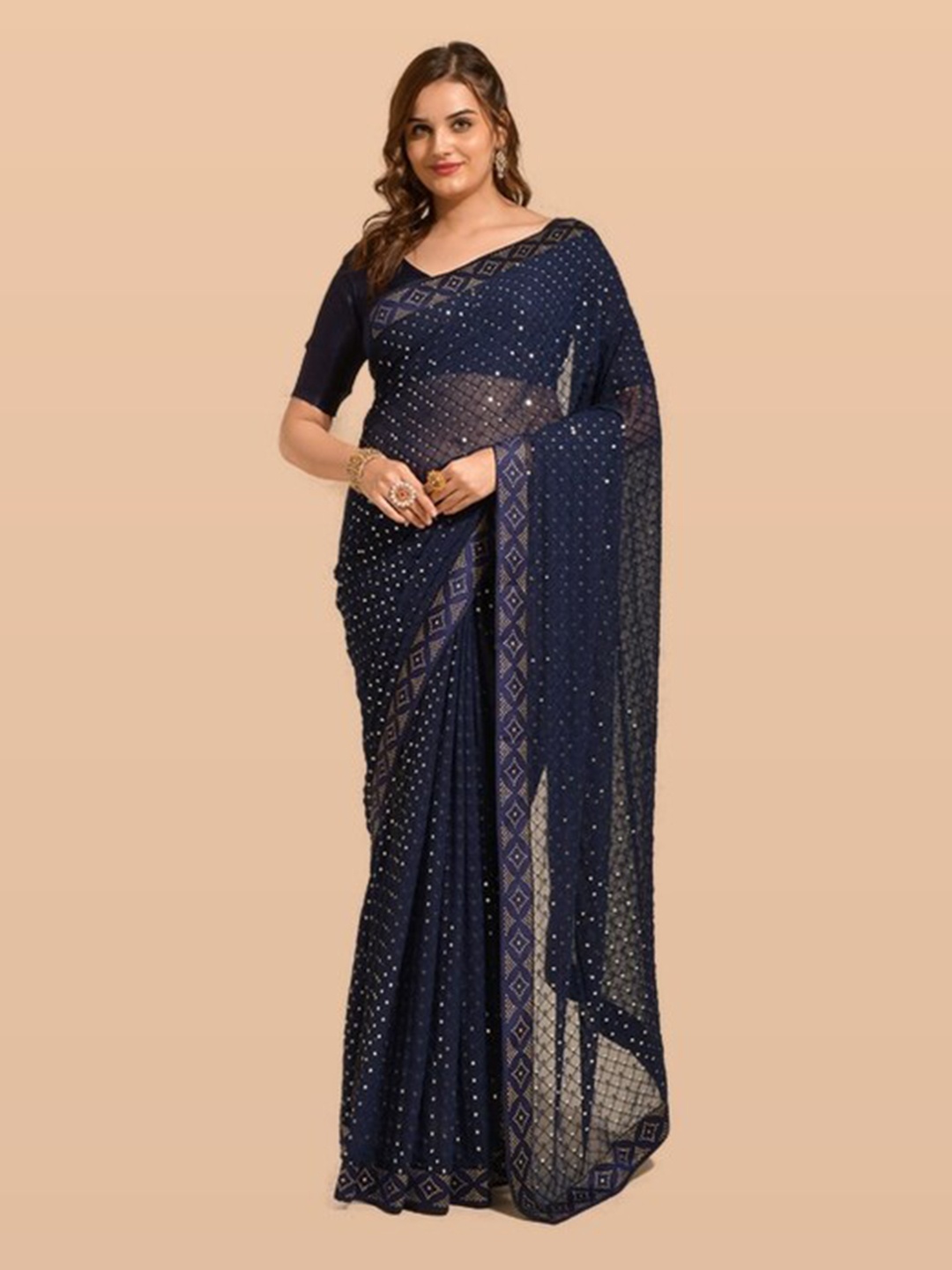 

KALINI Blue & Gold-Toned Ethnic Motifs Beads and Stones Pure Georgette Saree, Navy blue