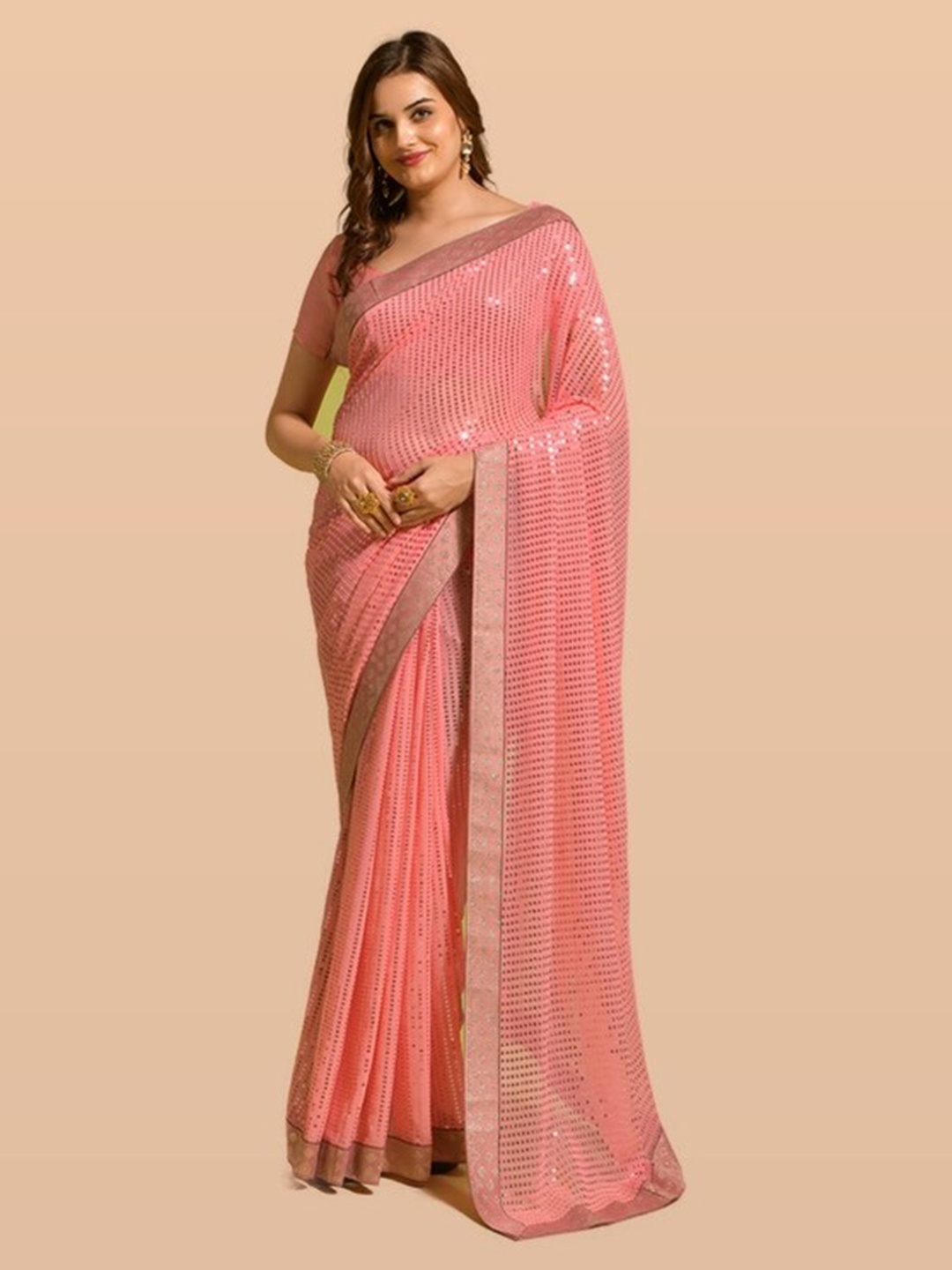 

KALINI Pink Embellished Sequinned Pure Georgette Saree, Peach