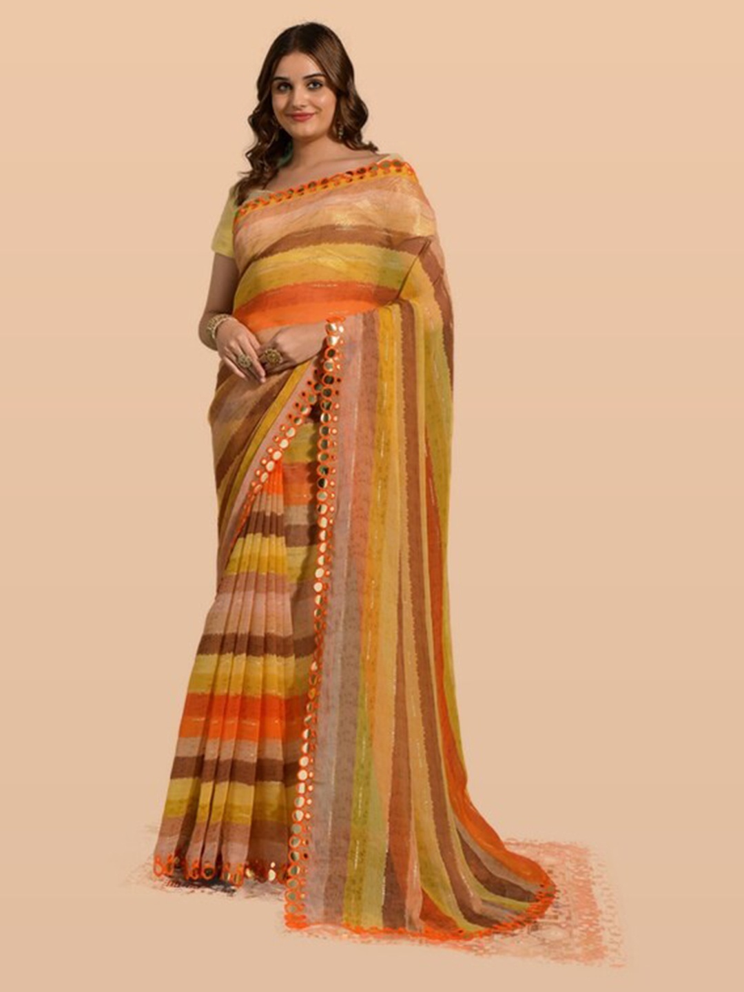 

KALINI Orange & Green Striped Mirror Work Pure Chiffon Leheriya Saree