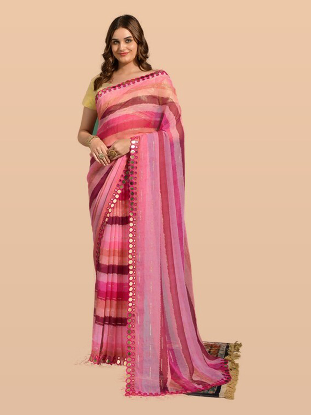 

KALINI Pink & Purple Striped Mirror Work Pure Chiffon Leheriya Saree
