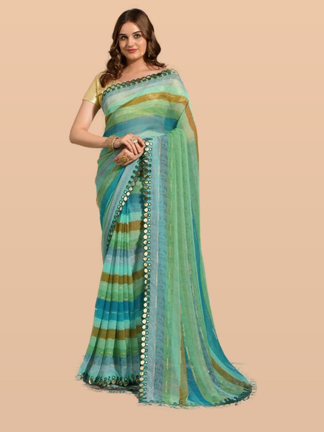 

KALINI Green & Blue Striped Mirror Work Pure Chiffon Leheriya Saree