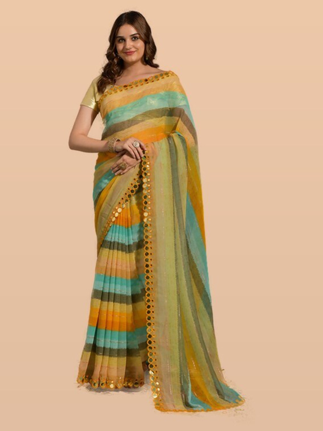 

KALINI Lime Green & Orange Striped Embroidered Pure Chiffon Leheriya Saree