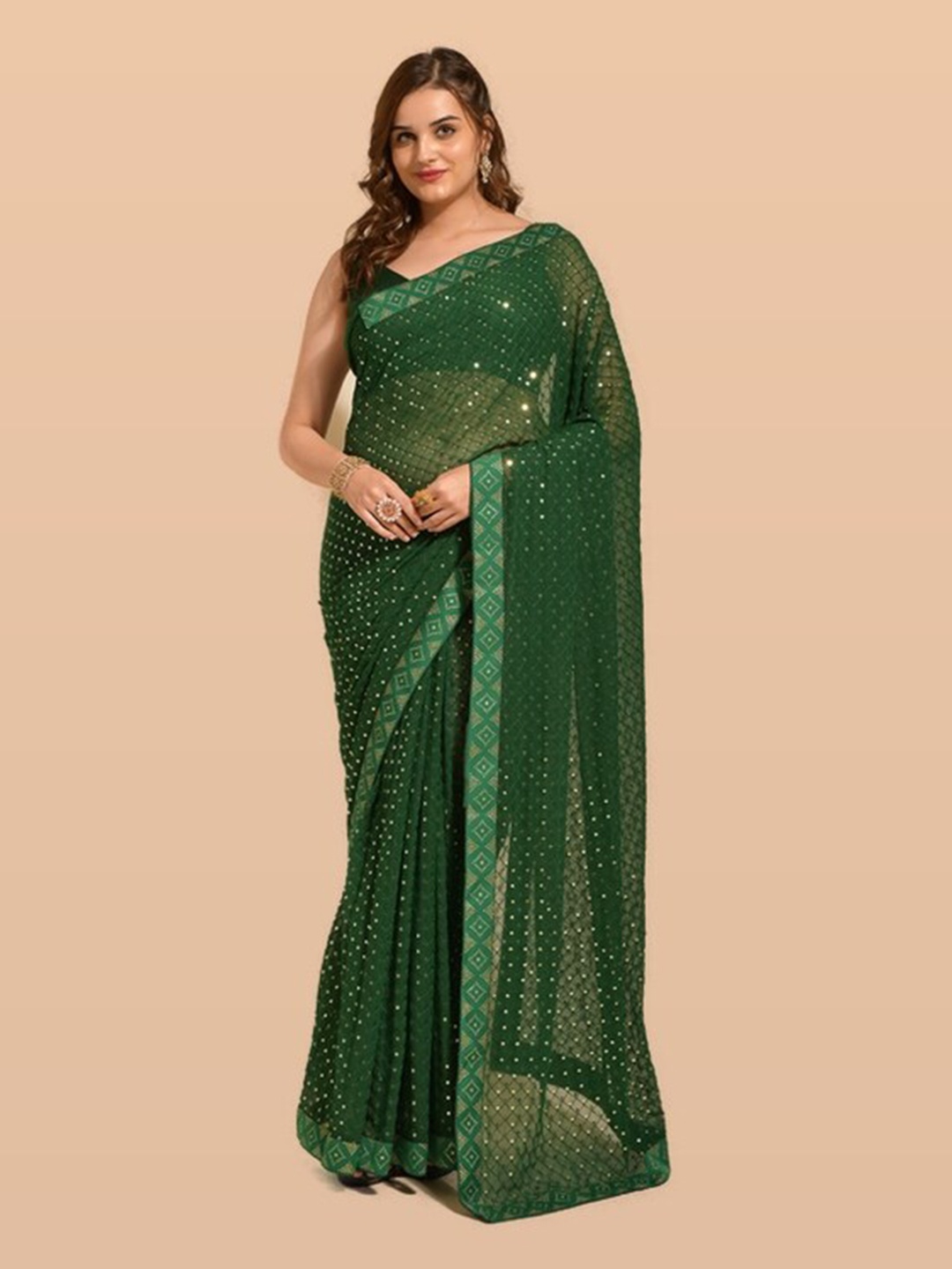 

KALINI Green Embellished Sequinned Pure Georgette Saree