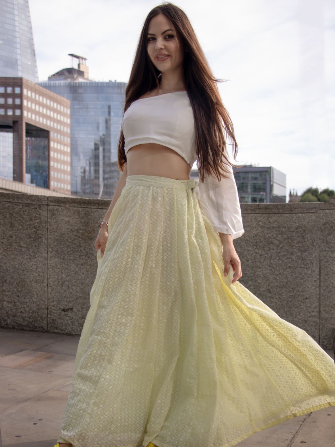 

HOUSE OF JAMOTI Yellow & White Thread Work Lehenga Choli