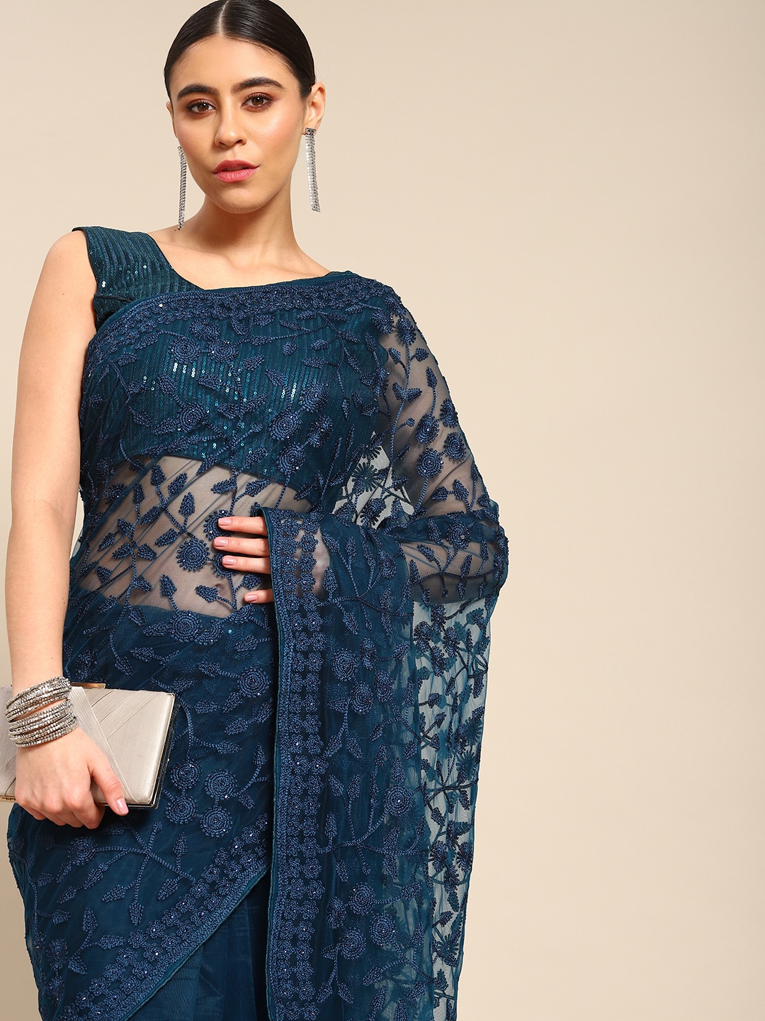 

all about you Navy Blue Floral Embroidered Net Saree