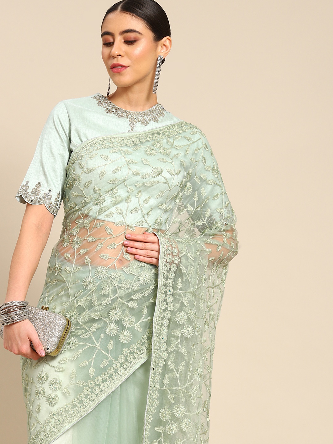 

all about you Green Floral Embroidered Net Saree