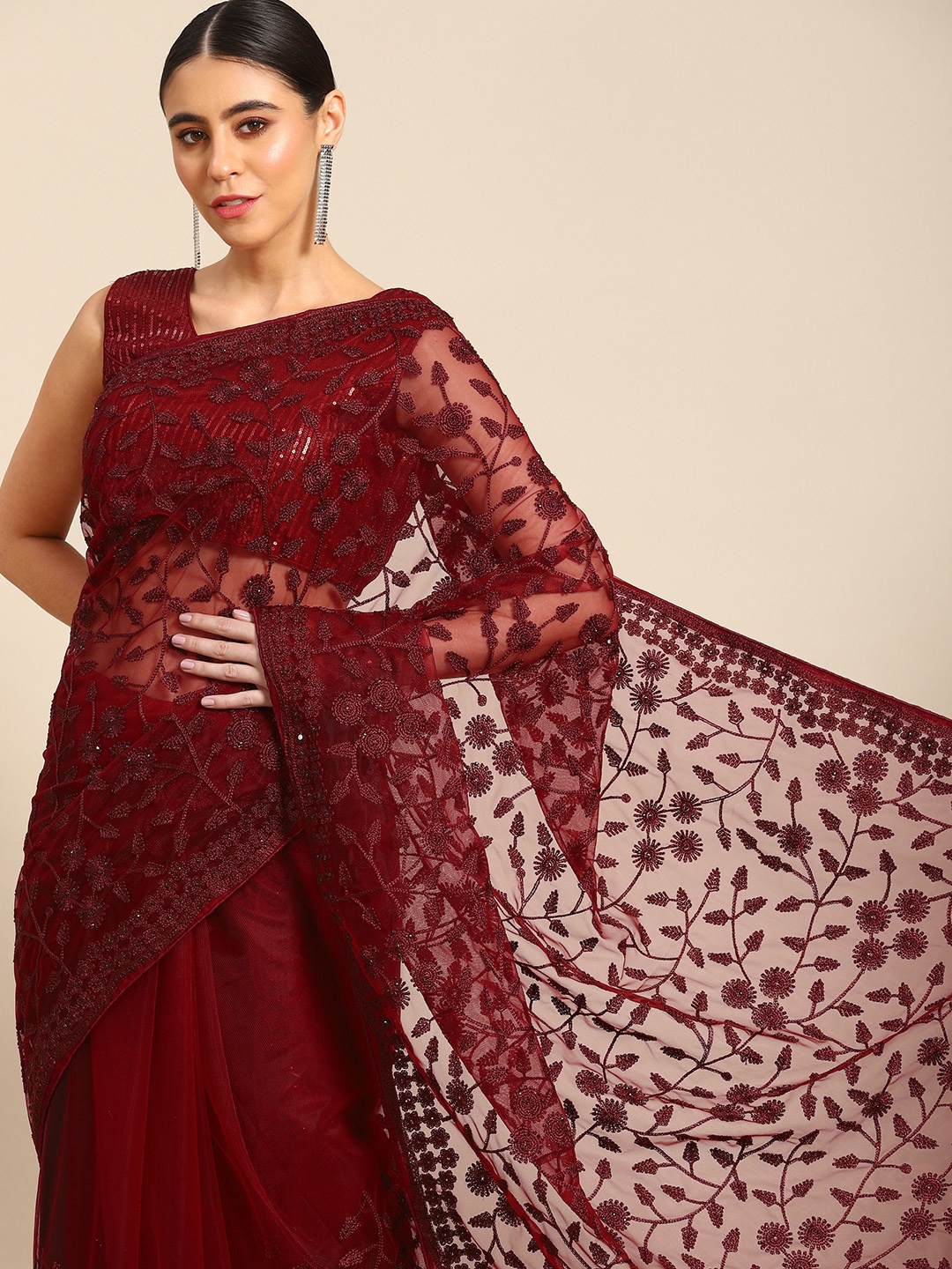 

all about you Maroon Floral Embroidered Net Saree
