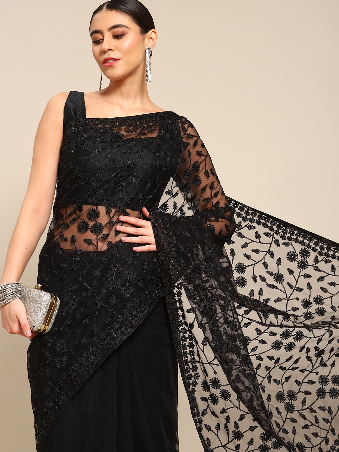 

all about you Black Floral Embroidered Net Saree