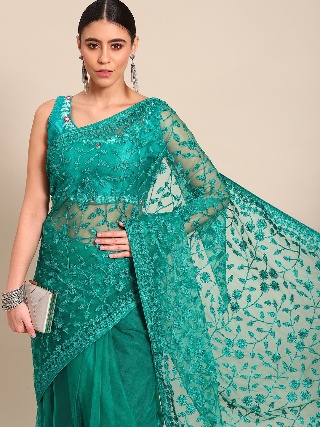 

all about you Sea Green Floral Embroidered Net Saree