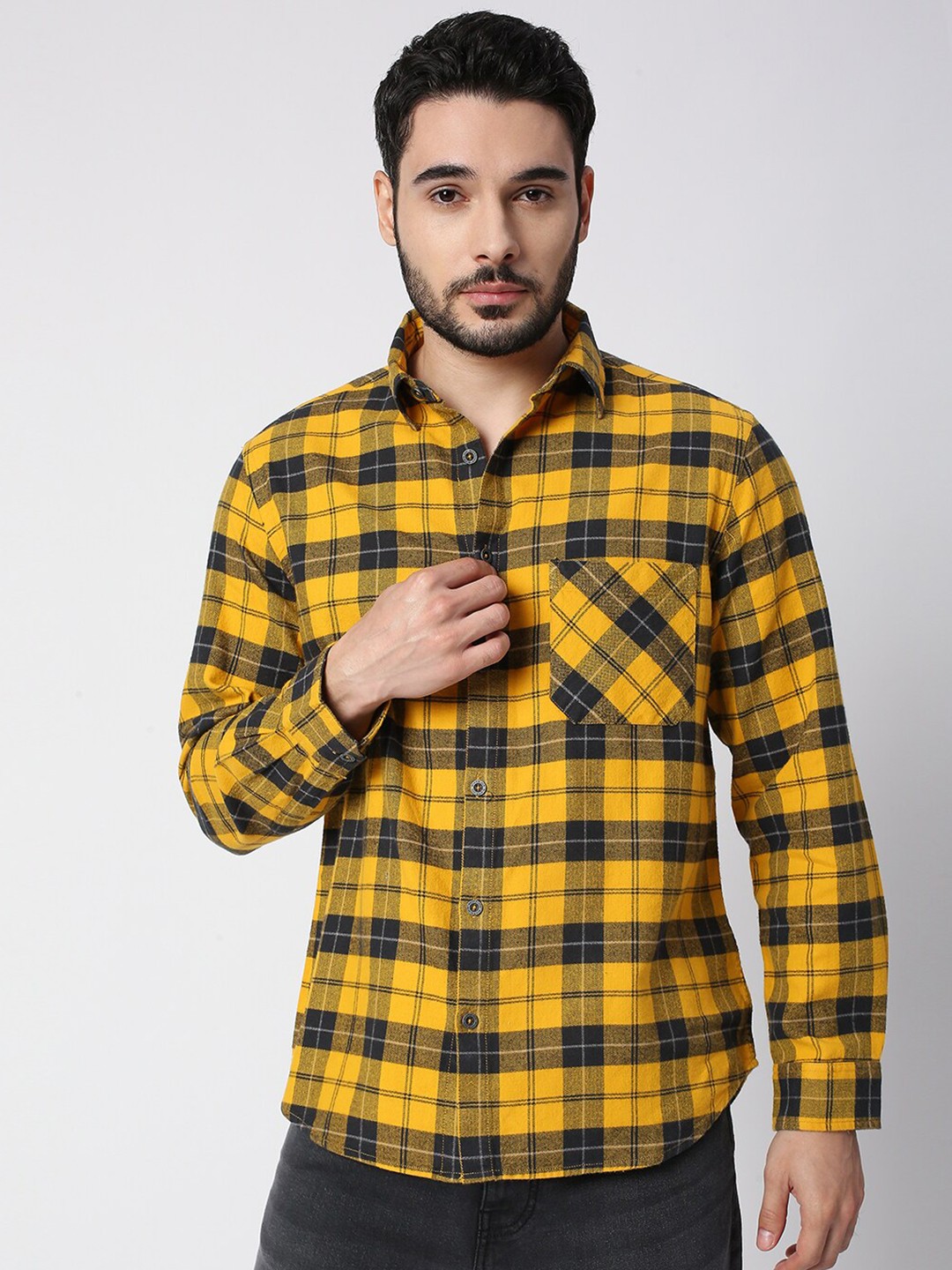 

Blamblack Men Yellow Smart Tartan Checked Casual Cotton Shirt