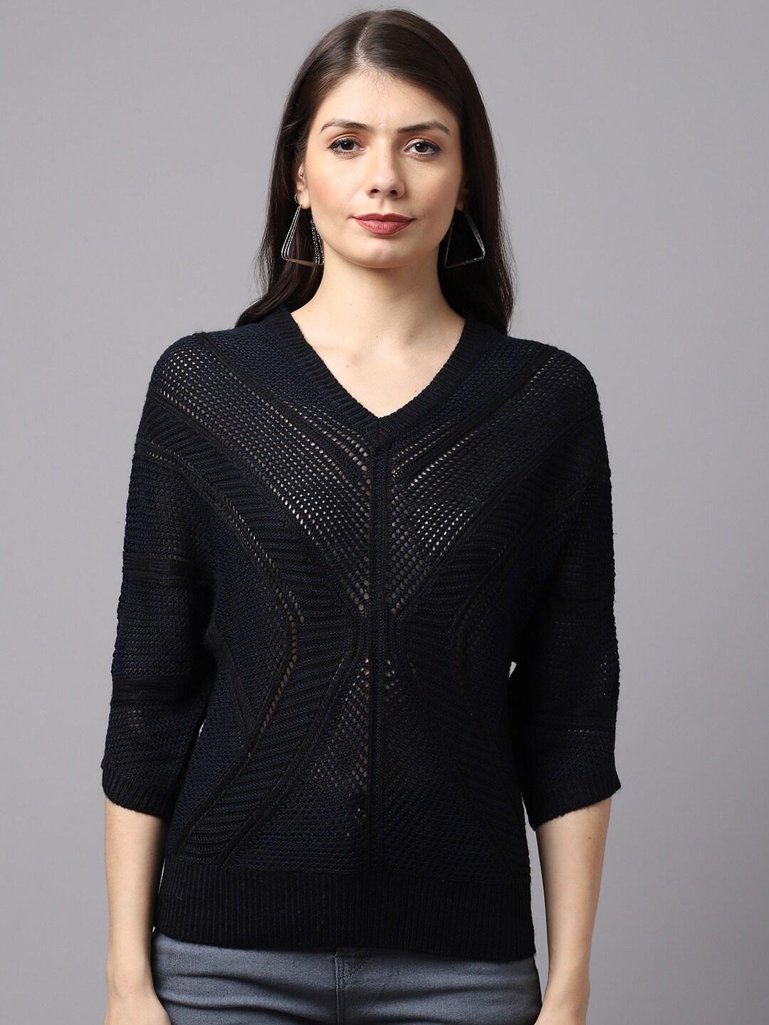 

TAG 7 Women Black V-Neck Acrylic Pullover