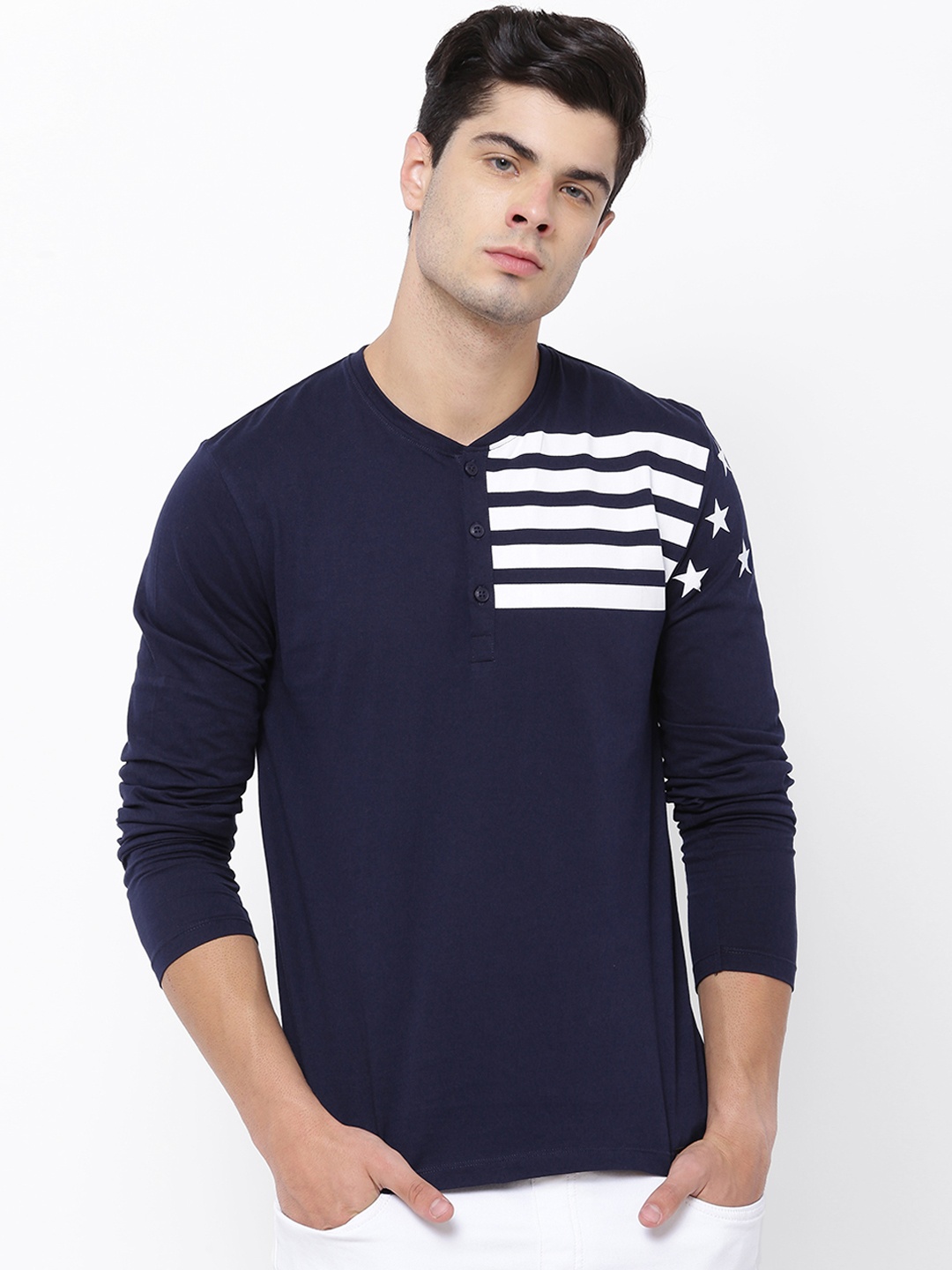 

LOCOMOTIVE Men Navy Striped Detail Henley Neck T-shirt, Navy blue