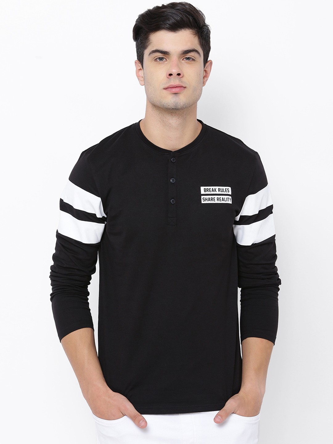 

LOCOMOTIVE Men Black Striped Detail Henley Neck T-shirt
