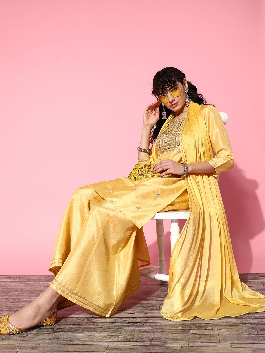 

Sunehri Women Yellow Ethnic Motifs Yoke Design Kurta with Sharara & With Dupatta