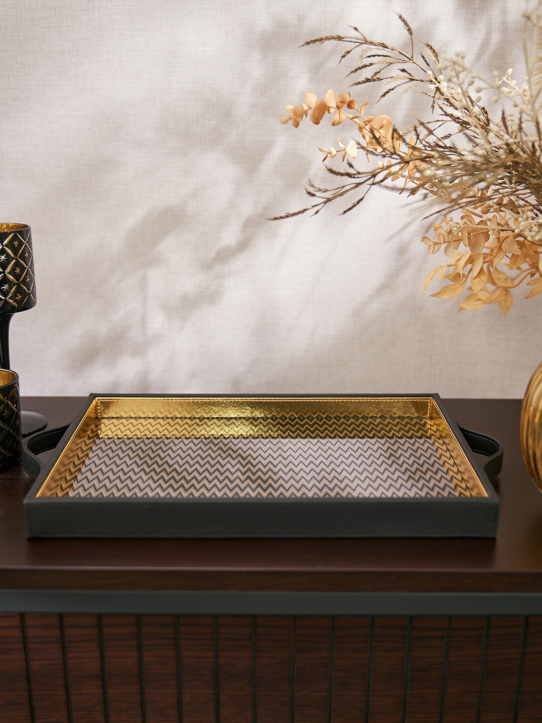 

Pure Home and Living Black & Gold-color Printed Rectangular Faux Leather Tray