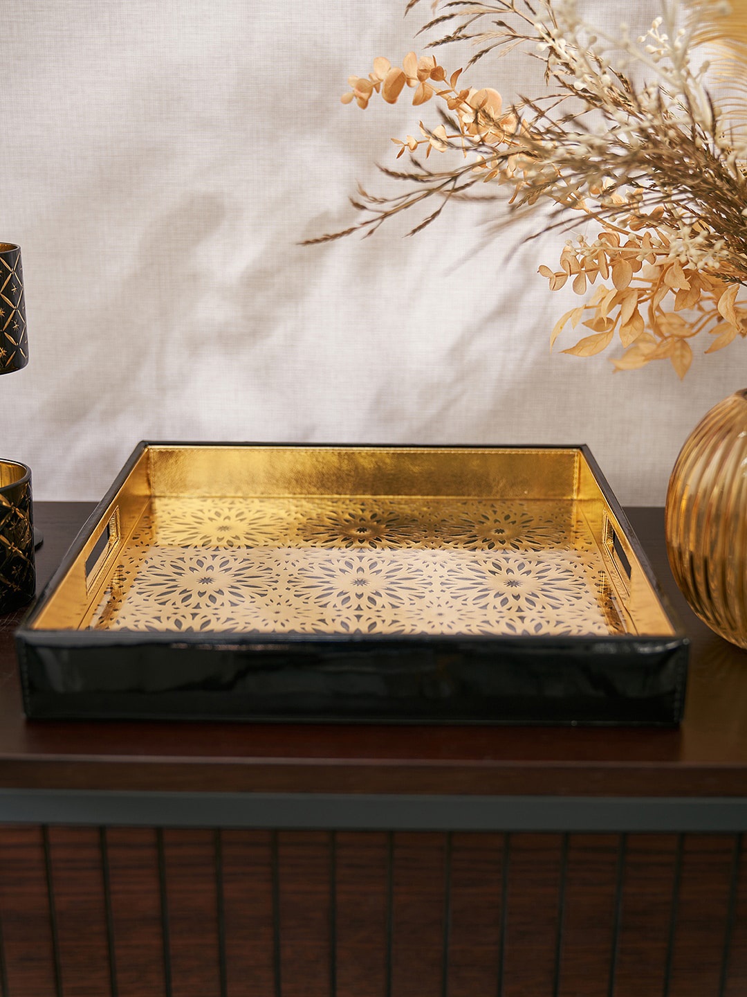 

Pure Home and Living Gold-Toned & Black Square Faux Leather Serving Tray