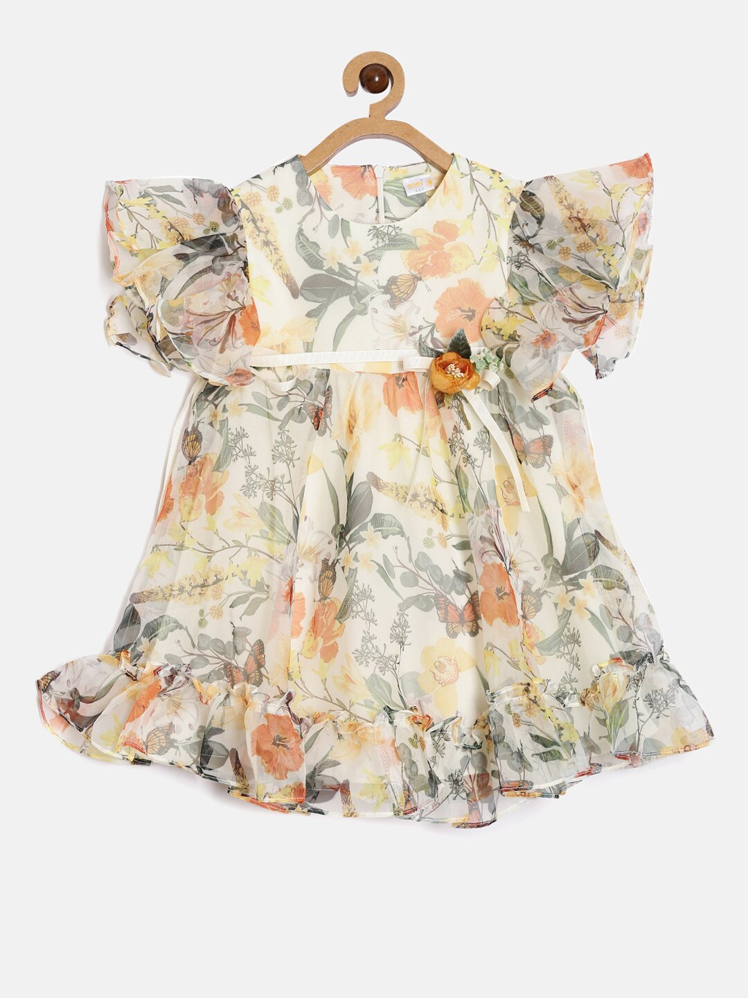 

Aomi Girls Floral Printed Flutter Sleeves Party Dress, Yellow