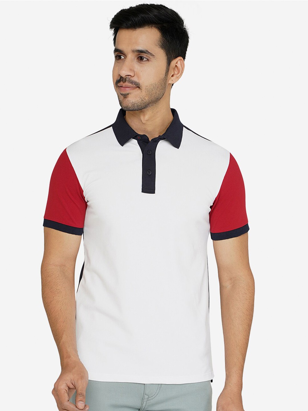 

JADE BLUE Men White & Red Cotton Colourblocked Polo Collar T-shirt
